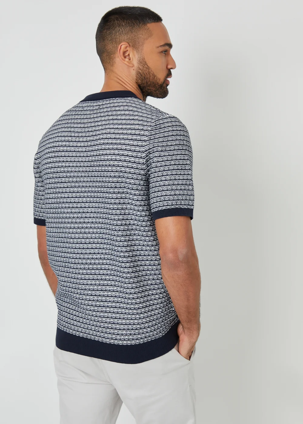 Threadbare Navy Textured Stripe Trophy Neck Knitted Polo Shirt - 2XL Image 2