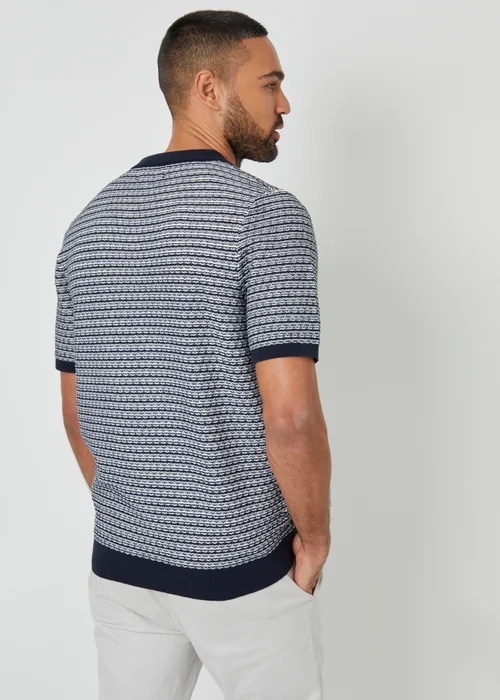 Threadbare Navy Textured Stripe Trophy Neck Knitted Polo Shirt - 2XL Image 2