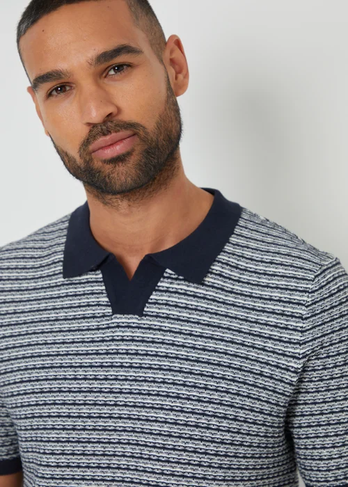 Threadbare Navy Textured Stripe Trophy Neck Knitted Polo Shirt - 2XL Image 4