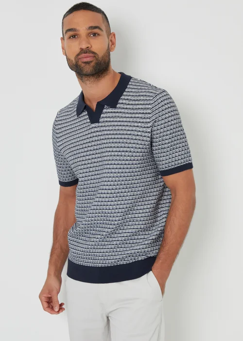 Threadbare Navy Textured Stripe Trophy Neck Knitted Polo Shirt - 2XL Image 1