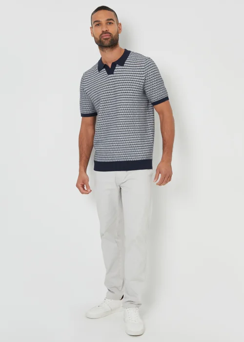 Threadbare Navy Textured Stripe Trophy Neck Knitted Polo Shirt - 2XL Image 3