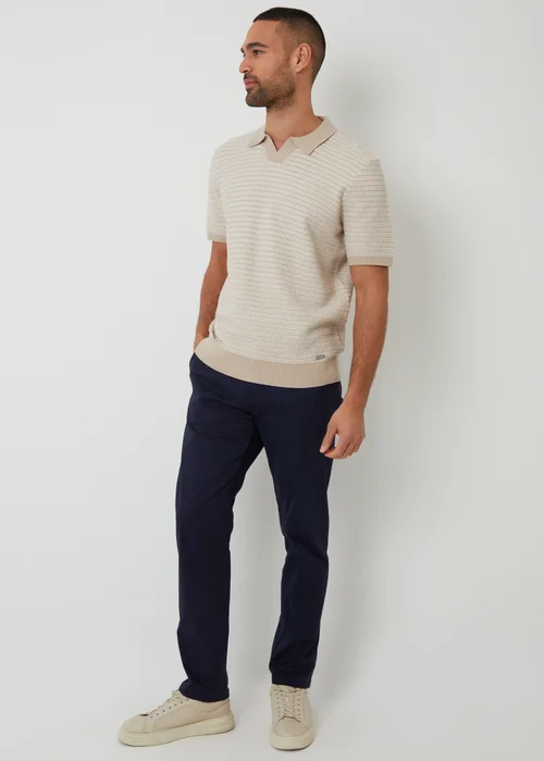 Threadbare Beige Textured Stripe Trophy Neck Knitted Polo Shirt - 2XL Image 3