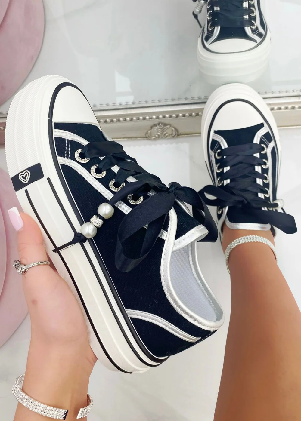 Love Lemonade Black Crystal Lover Lace Up Platform Trainers - Size 3 Image 2