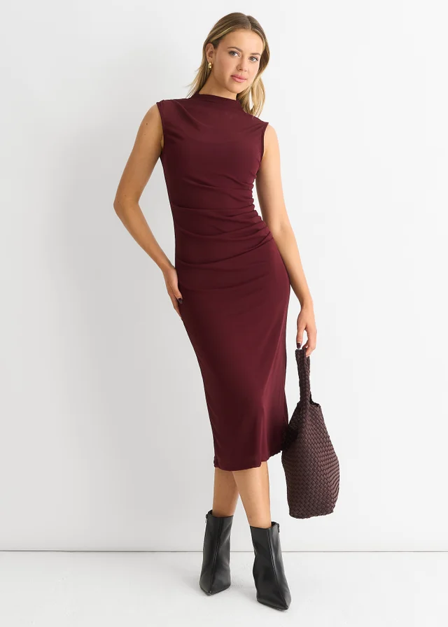 Gini London Burgundy Plain Ruched Jersey Midi Dress