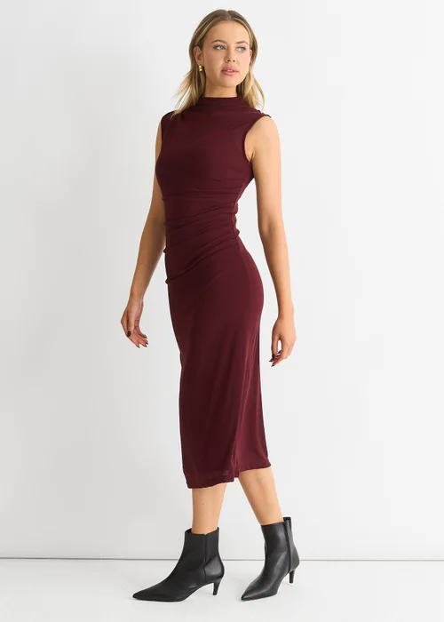 Gini London Burgundy Plain Ruched Jersey Midi Dress - 14 Image 4