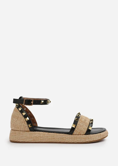 Where's That From Black-PU Aviva Wide-Fit Studded Gladiator Espadrille Flatform - Size 8 Image 2
