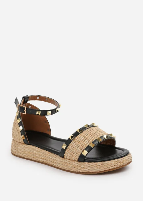 Where's That From Black-PU Aviva Wide-Fit Studded Gladiator Espadrille Flatform - Size 8 Image 3
