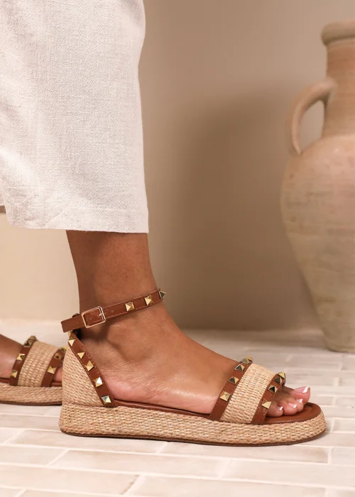 Where's That From Tan-PU Aviva Wide-Fit Studded Gladiator Espadrille Flatform - 4 Image 1