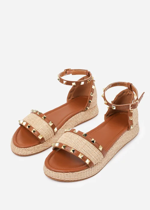 Where's That From Tan-PU Aviva Wide-Fit Studded Gladiator Espadrille Flatform - 4 Image 3