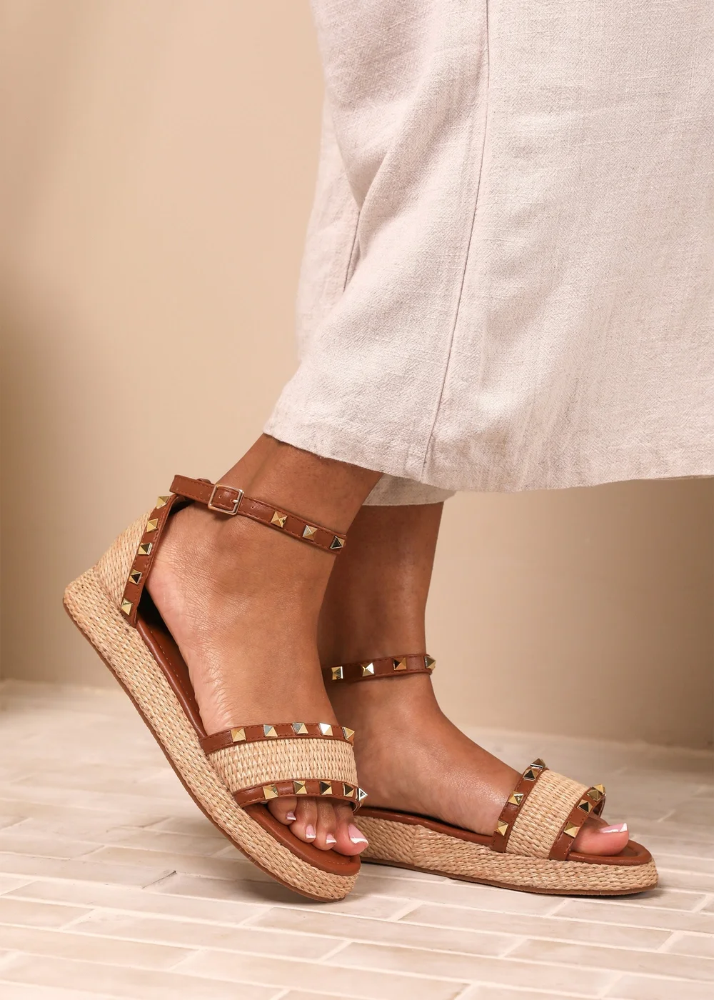 Where's That From Tan-PU Aviva Wide-Fit Studded Gladiator Espadrille Flatform - 4 Image 5