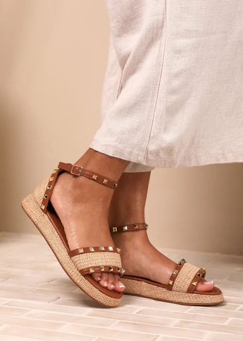 Where's That From Tan-PU Aviva Wide-Fit Studded Gladiator Espadrille Flatform - 4 Image 5