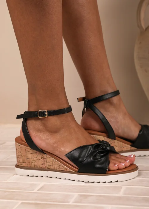 Where's That From Black-PU Katara Wide-Fit Knot Detail Wedge Shoes - Size 6 Image 1