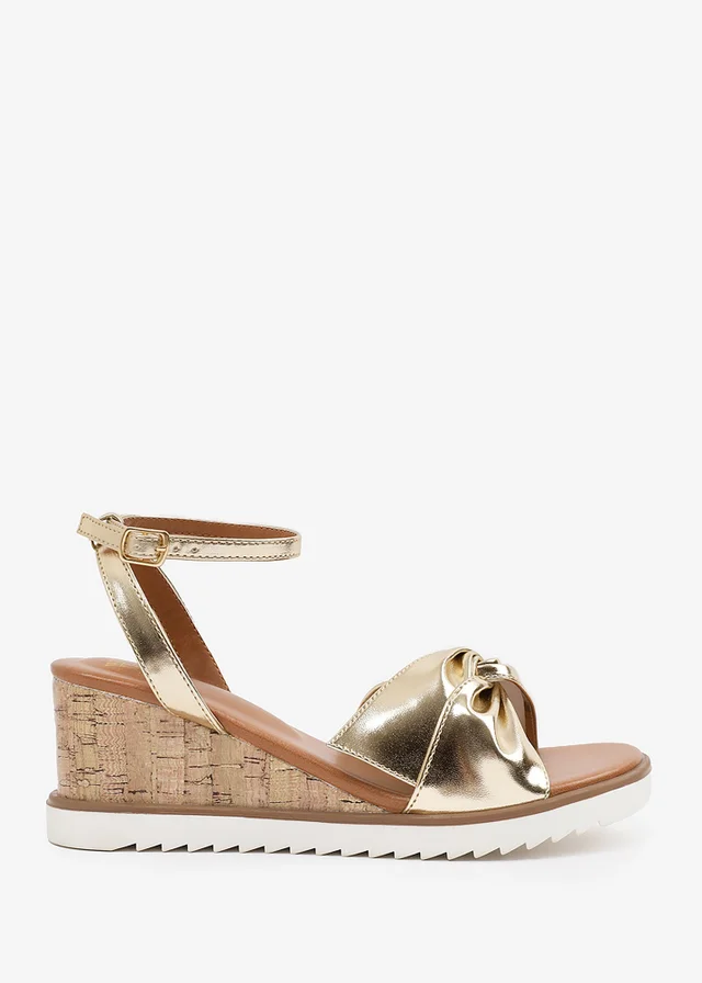 Where's That From Metallic Gold PU Katara Knot Detail Wedge Shoes