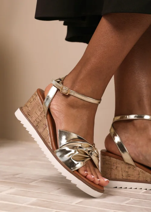 Where's That From Metallic Gold PU Katara Knot Detail Wedge Shoes - Size 5 Image 1