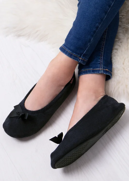 Totes Isotoner Black Terry Ballerina Slippers - Medium Image 2