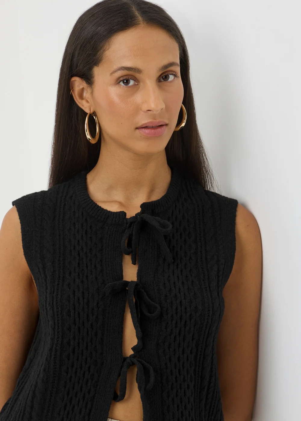 Black Cable Tie Front Sleeveless Cardigan - XS Image 2