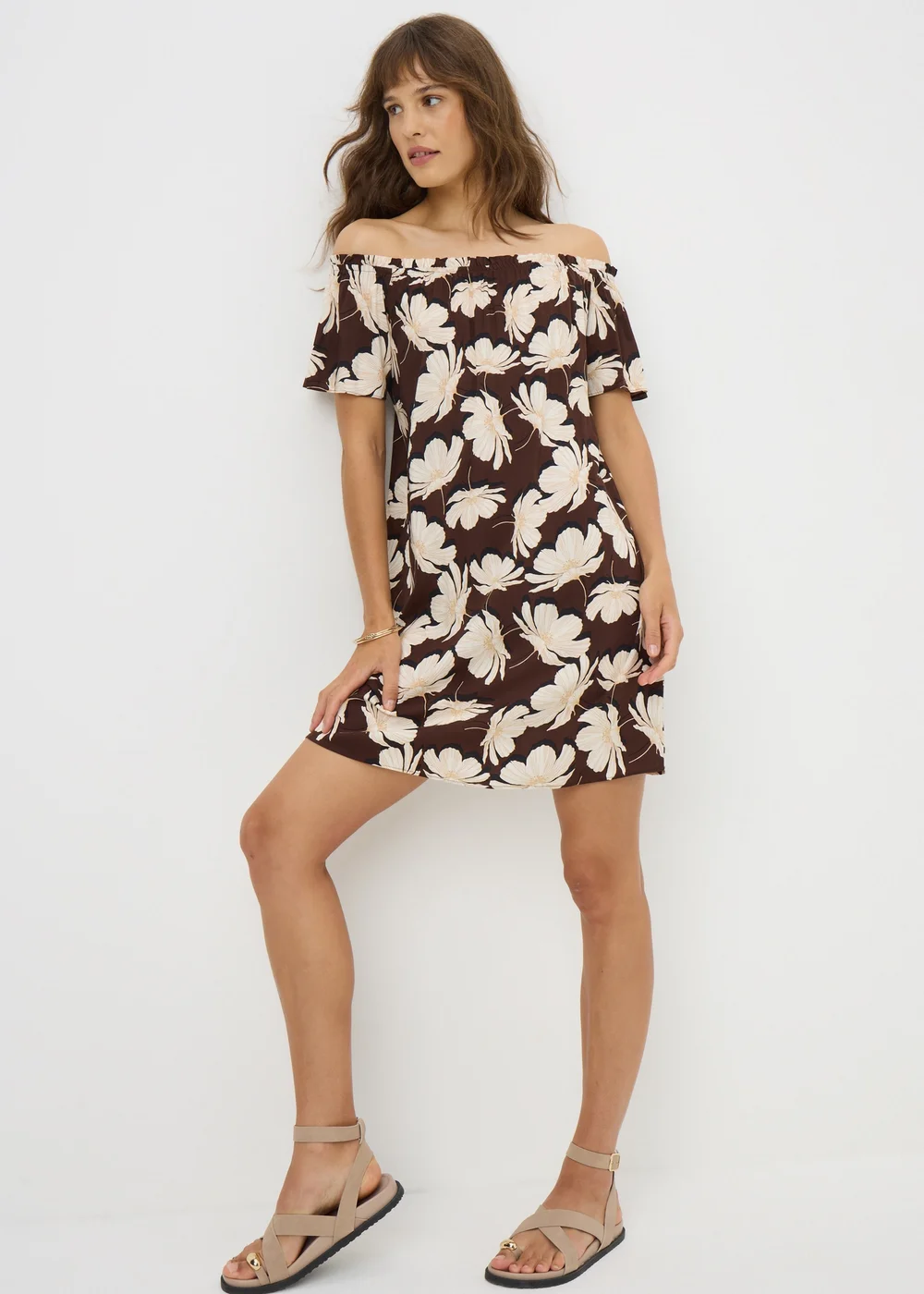 Brown Large Floral Mini Bardot Dress - Size 8 Image 1