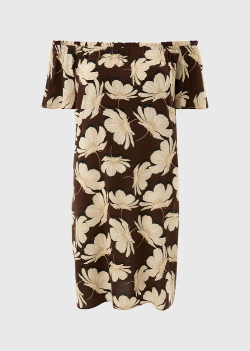 Brown Large Floral Mini Bardot Dress - Size 8 Image 3