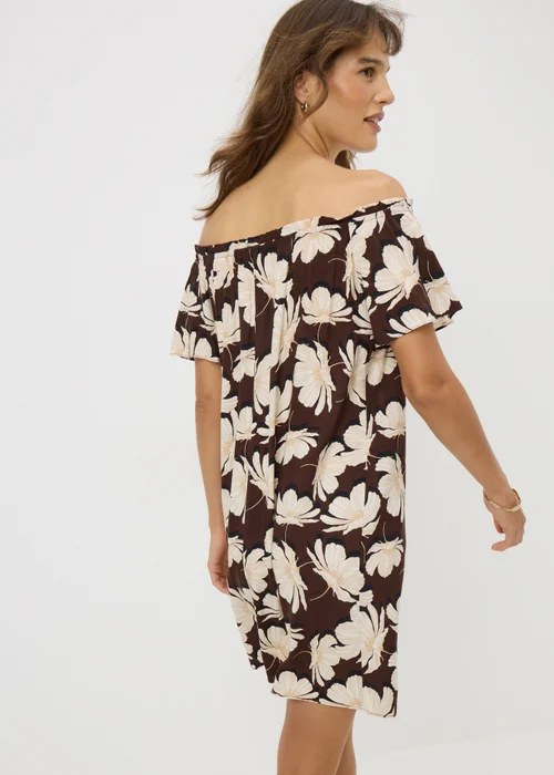Brown Large Floral Mini Bardot Dress - Size 8 Image 2