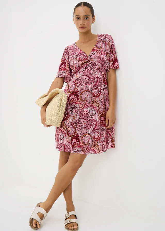 Burgundy Paisley V Neck Mini Dress