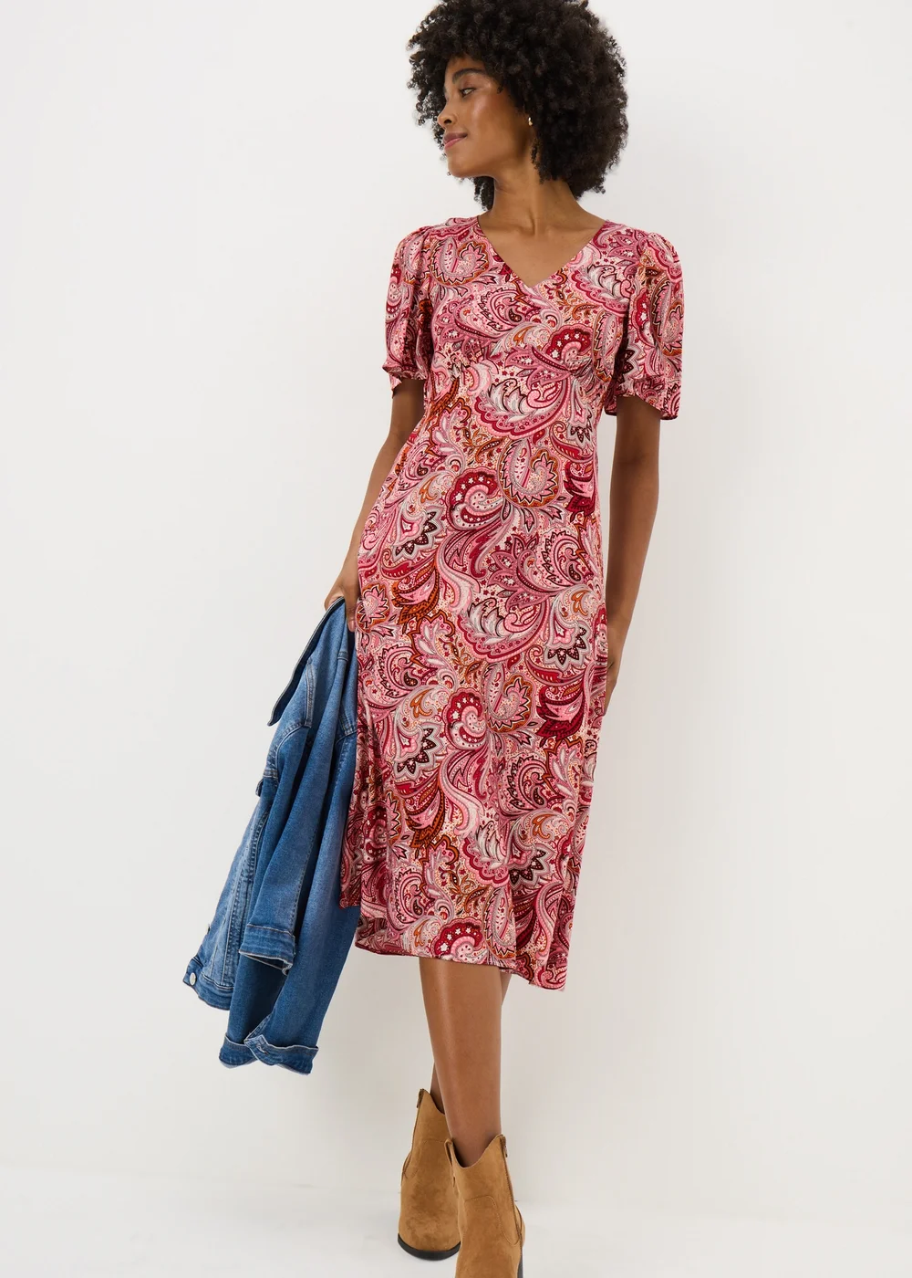 Burgundy Paisley V Neck Midi Dress - Size 28 Image 1