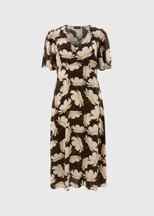 Brown Large Floral V Neck Midi Dress - Size 26 Image 3