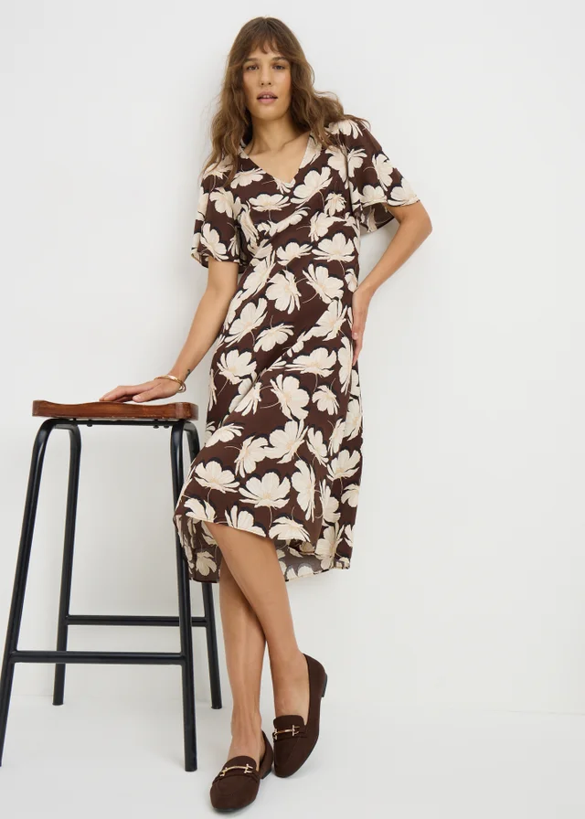 Brown Large Floral V Neck Midi Dress