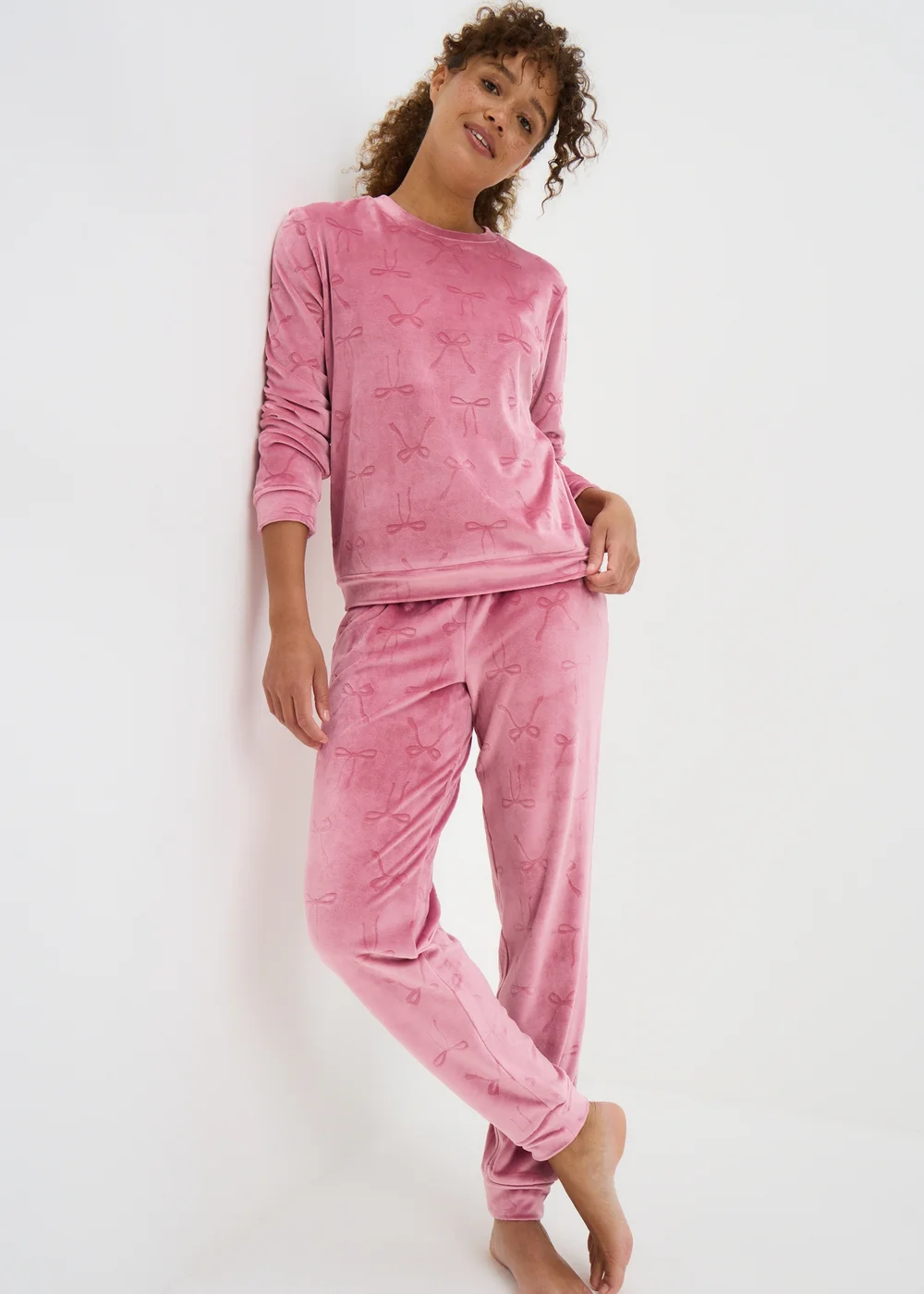 Pink Jacquard Bow Fleece Pyjama Set - Small Image 1