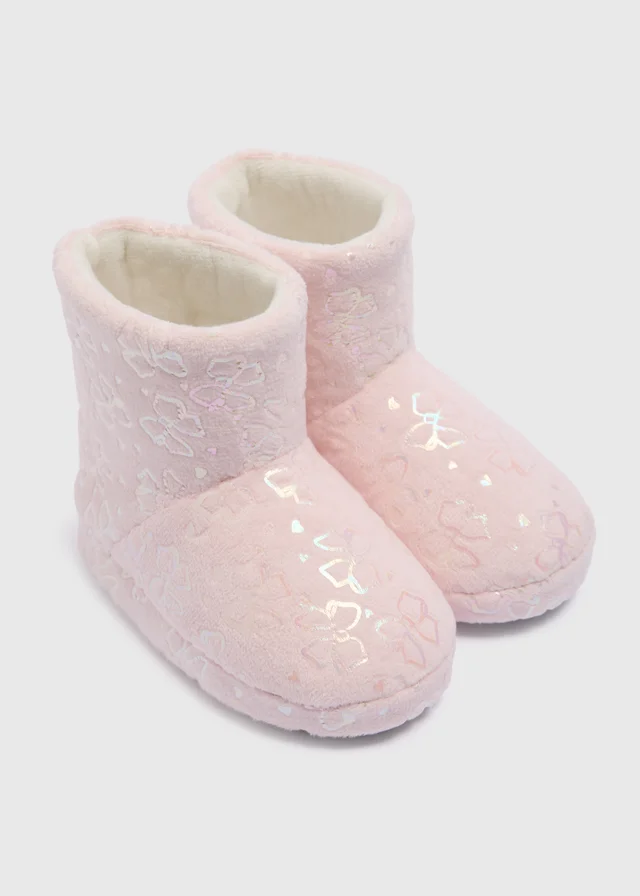 Girls Pink Shiny Bow Slipper Boots (Younger 4-12)