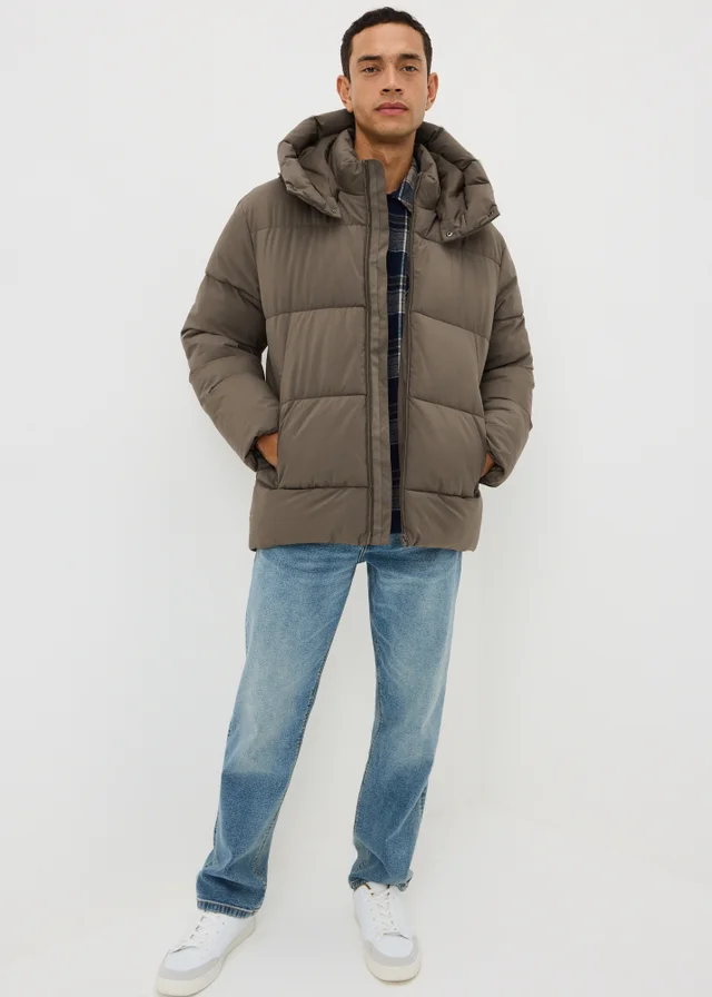 Showerproof Khaki Mid Length Puffa Coat