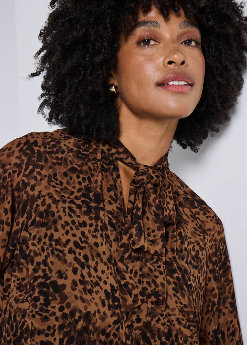 Brown Animal Print Tie Neck Mini Dress - 24 Image 2