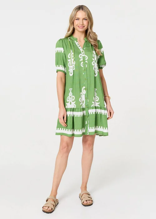 Izabel London Green Printed Lace Trim Relaxed Short Shirt Dress - 14 Image 4
