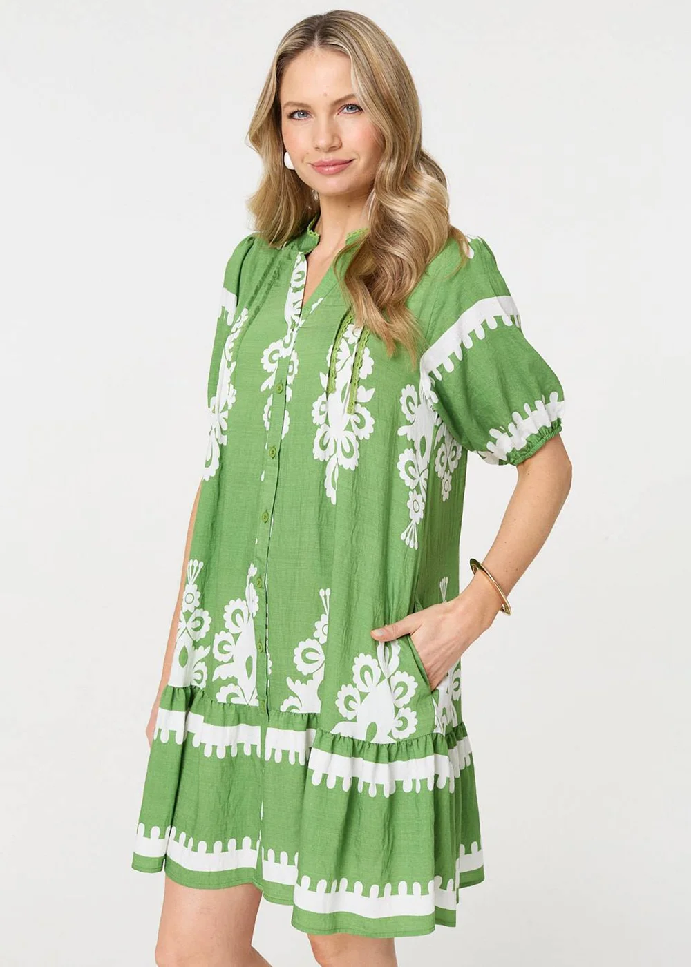 Izabel London Green Printed Lace Trim Relaxed Short Shirt Dress - 14 Image 1