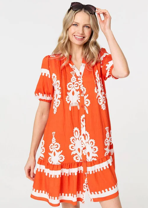 Izabel London Orange Printed Lace Trim Relaxed Short Shirt Dress - 18 Image 1