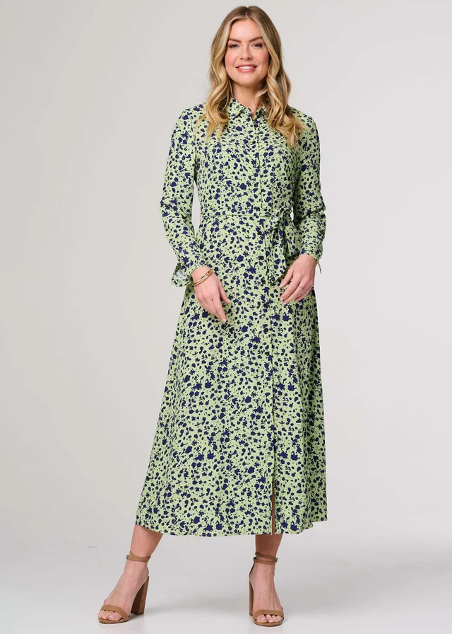 Izabel London Green Printed Long Sleeve Midi Shirt Dress