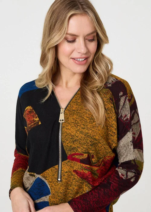 Izabel London Red Abstract Zip V-Neck Long Sleeve Relaxed Top - 10 Image 3