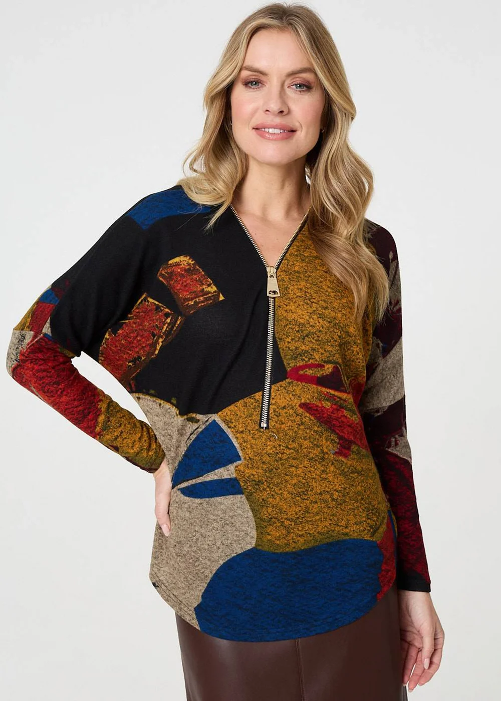 Izabel London Red Abstract Zip V-Neck Long Sleeve Relaxed Top - 10 Image 1