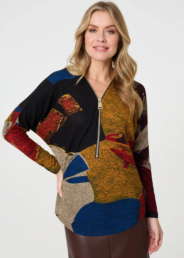 Izabel London Red Abstract Zip V-Neck Long Sleeve Relaxed Top