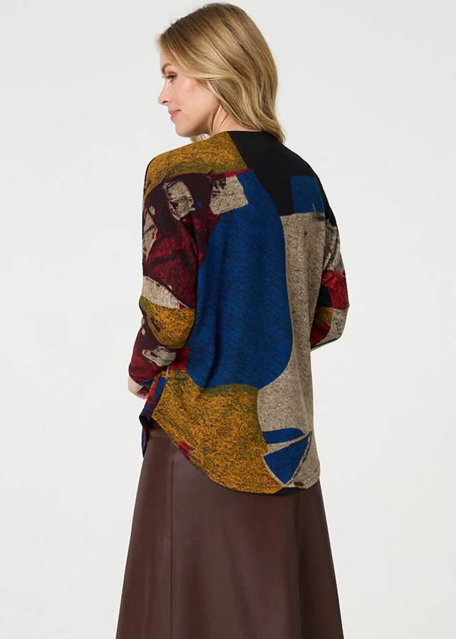 Izabel London Red Abstract Zip V-Neck Long Sleeve Relaxed Top