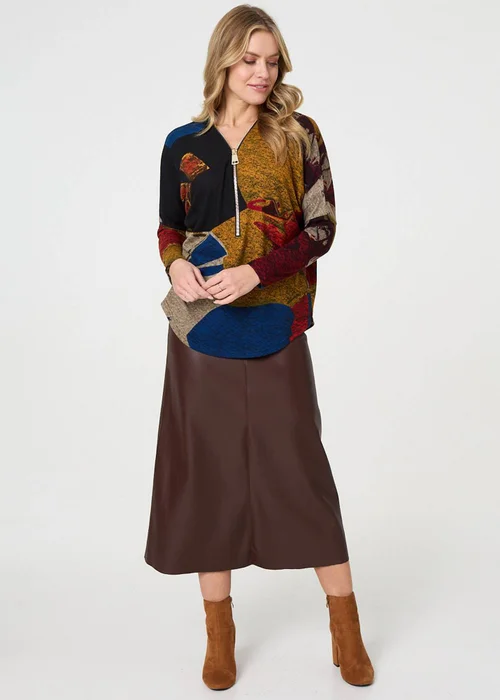 Izabel London Red Abstract Zip V-Neck Long Sleeve Relaxed Top - 10 Image 4