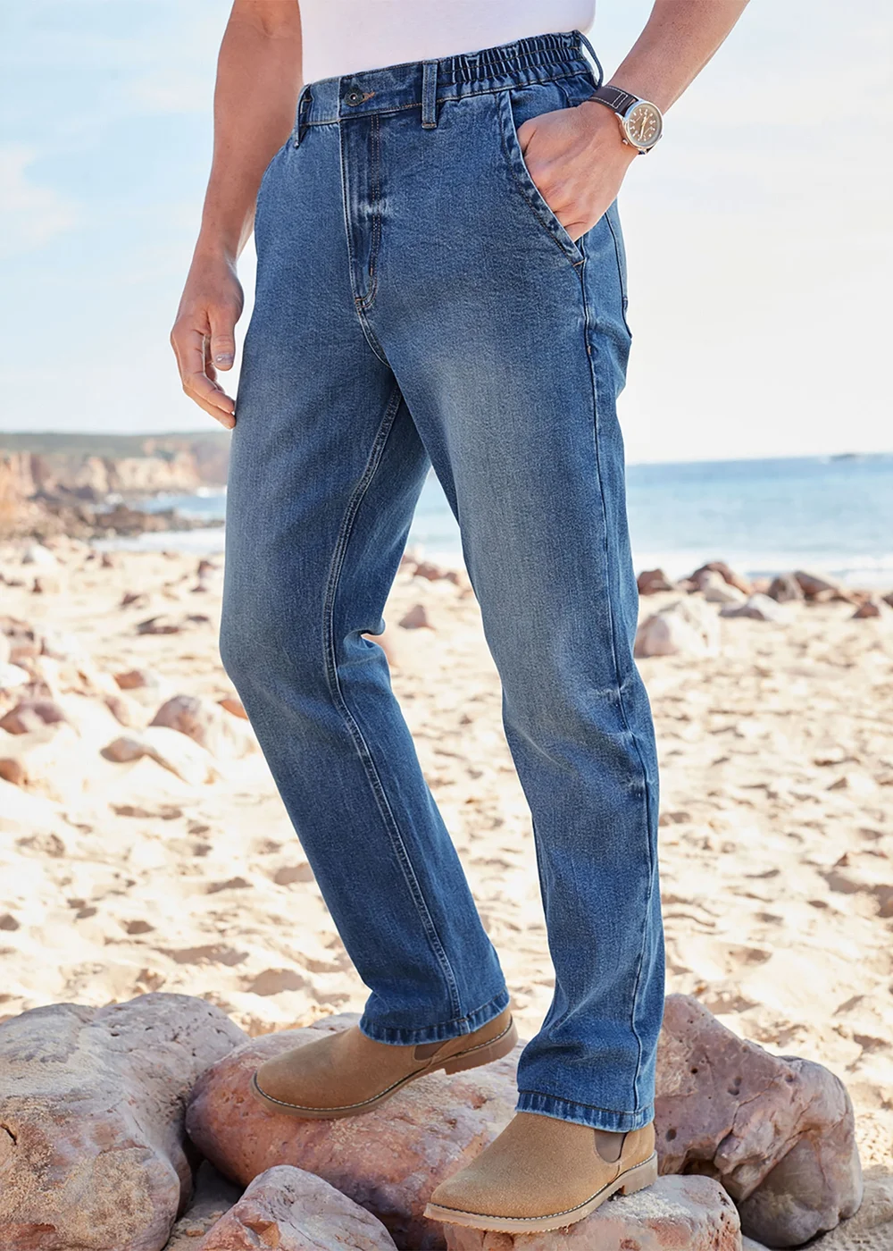 Cotton Traders Stonewash Side Elasticated Straight-Fit Jeans - 42/L27 Image 1