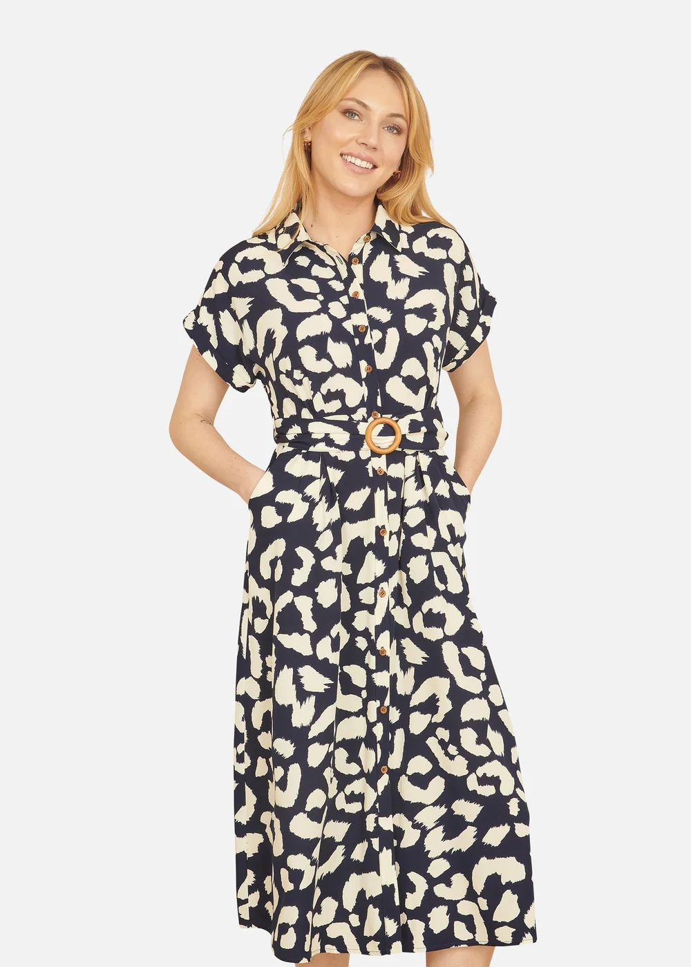Yumi Navy Abstract Animal Print Relaxed Midi Shirt Dress With Belt - 12 Image 1