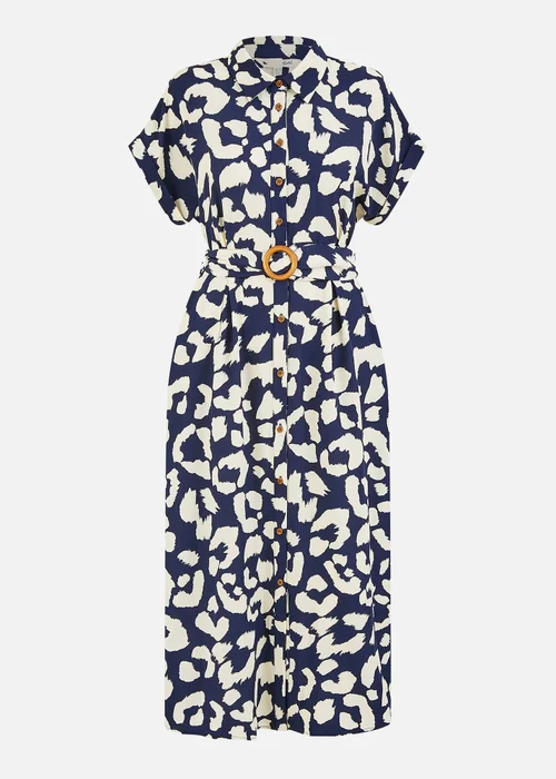 Yumi Navy Abstract Animal Print Relaxed Midi Shirt Dress With Belt - 12 Image 2