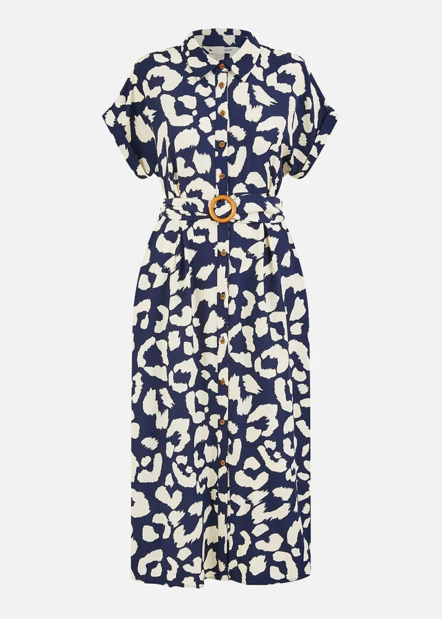 Yumi Navy Abstract Animal Print Relaxed Midi Shirt Dress With Belt