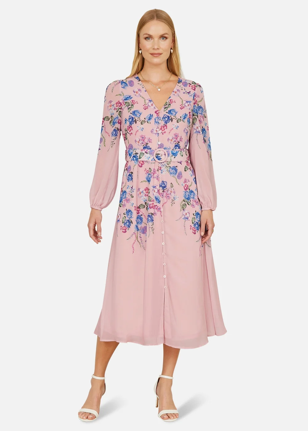 Yumi Pink Floral Placement Button Down Midi Dress With Long Sleeves - 12 Image 2