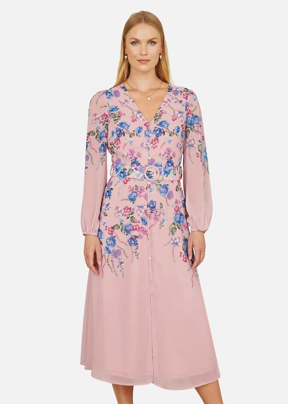 Yumi Pink Floral Placement Button Down Midi Dress With Long Sleeves - 12 Image 1