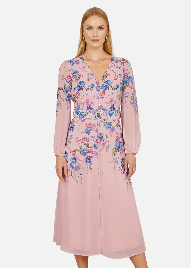 Yumi Pink Floral Placement Button Down Midi Dress With Long Sleeves