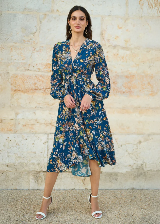 Yumi Blue Butterfly Floral Tie Knot Front Long Sleeve Midi Dress