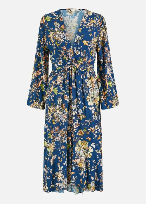 Yumi Blue Butterfly Floral Tie Knot Front Long Sleeve Midi Dress - 12 Image 3