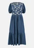 Yumi Blue Chambray Denim Midi Dress With Embroidery & Puff Sleeves - 8 Image 3
